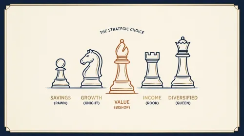 A row of distinct chess pieces on warm cream with one stepped forward in burnt orange, choosing among investment strategies