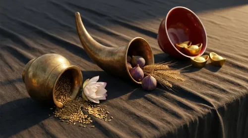 Three flow-vessels on dark linen — a tipped brass kalash, a Greco-Roman cornucopia, and a Chinese prosperity bowl, all overflowing