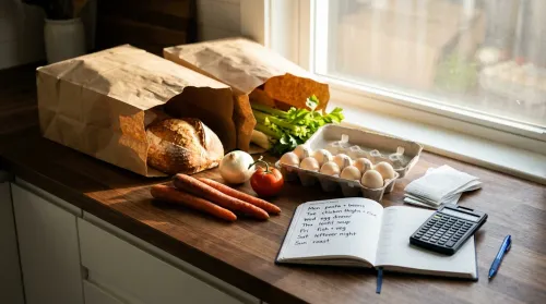 Paper grocery bags, fresh carrots, eggs, and a 7-day notebook on a kitchen counter for meal planning to save money