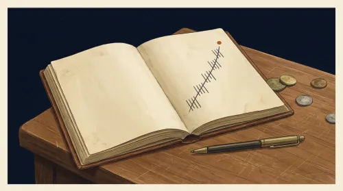 An open net-worth ledger with a rising tally, brass coins and a pen on a warm desk, how ordinary millionaires track wealth