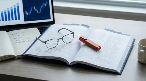 Open 10-K annual report with reading glasses and a valuation notebook on a desk, the register of millennial investing