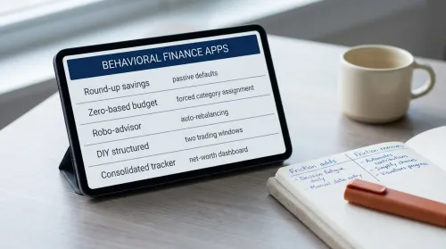 Smartphone showing a five-category behavioral finance apps comparison beside a friction-comparison notebook on a walnut desk