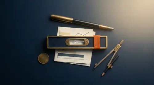 Flat-lay on deep navy: brass spirit level with burnt-orange band, drafting compass, brass coin, fountain pen and chart
