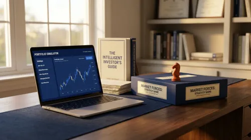 Laptop portfolio simulator with a board game and burnt-orange chess knight on a desk used for financial literacy games