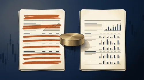 Flat-lay of two sustainable investing fund prospectuses on deep navy with brass paperweight and burnt-orange markings