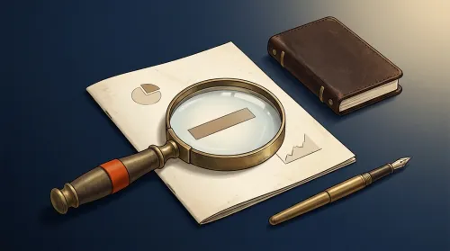 Flat-lay on deep navy: brass-rim magnifier (burnt-orange grip) over an annual-report page, leather notebook and fountain pen