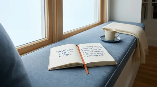 Window-seat reading bench with a healthcare screening checklist notebook, coffee, and folded throw for ethical investing